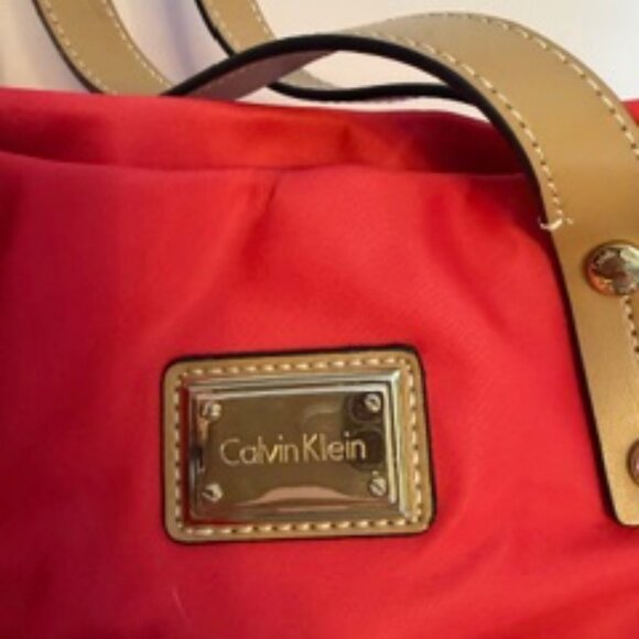 Calvin Klein Red Nylon Tote Bag with Gold-tone Hardware and Tan Handles